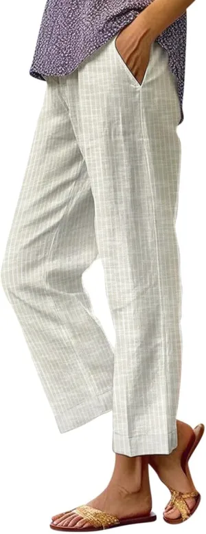 Women's Cotton Linen Pants Casual Boho Floral Print Elastic Waisted Drawstring Summer Palazzo Beach Baggy Capri Pant