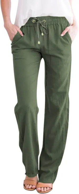 Women's Cotton Linen Pants Straight Leg Drawstring Elastic High Waist Loose Comfy Palazzo Trousers with Pockets