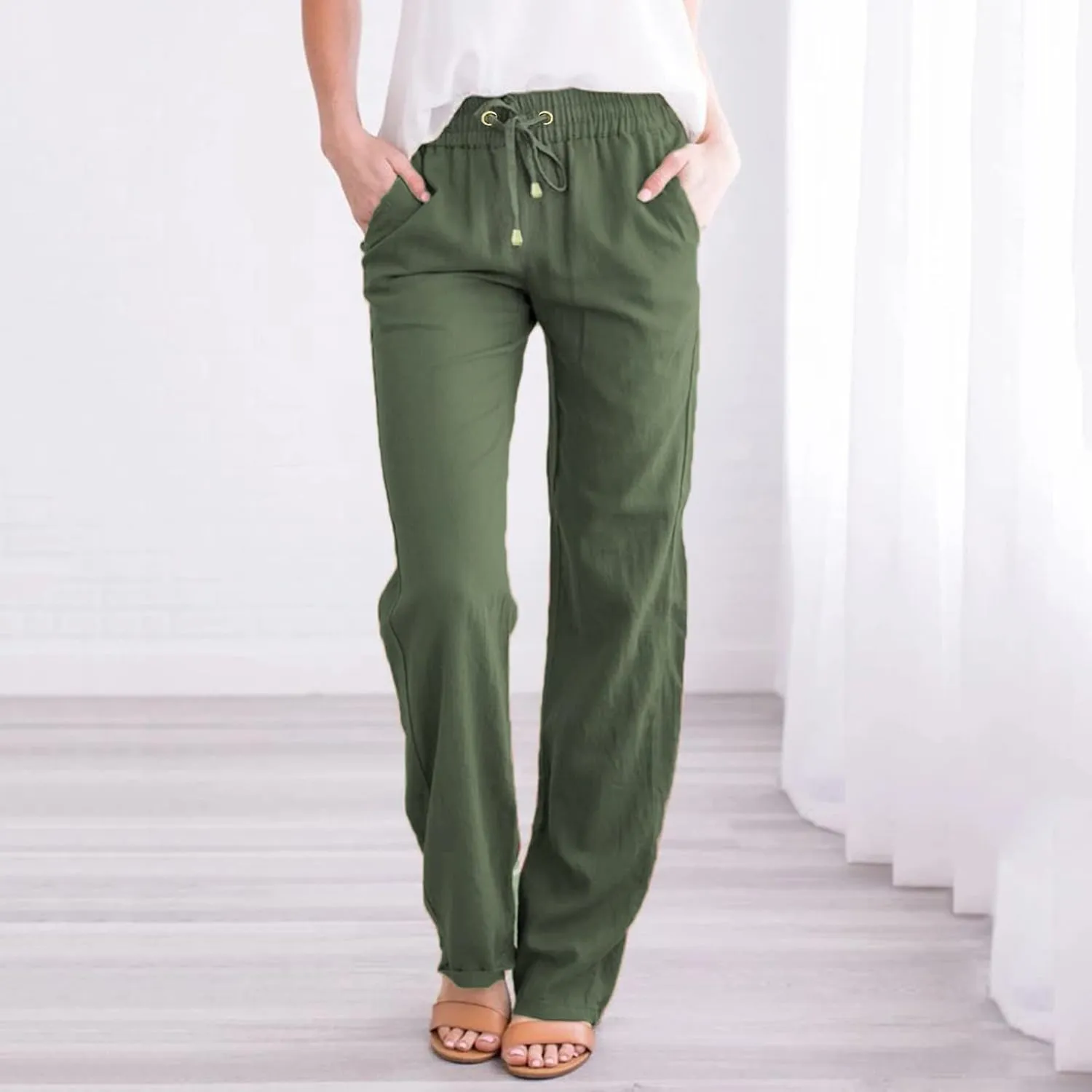 Women's Cotton Linen Pants Straight Leg Drawstring Elastic High Waist Loose Comfy Palazzo Trousers with Pockets