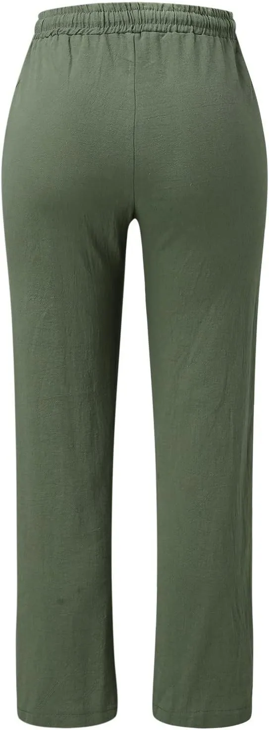 Women's Cotton Linen Pants Straight Leg Drawstring Elastic High Waist Loose Comfy Palazzo Trousers with Pockets