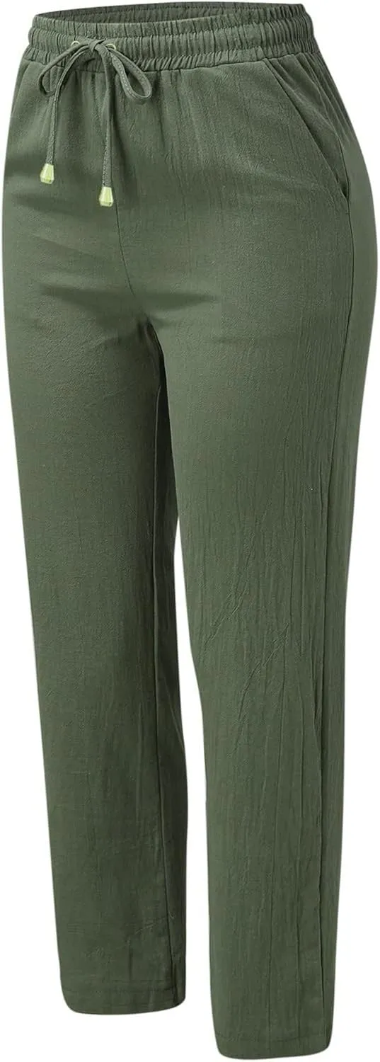 Women's Cotton Linen Pants Straight Leg Drawstring Elastic High Waist Loose Comfy Palazzo Trousers with Pockets