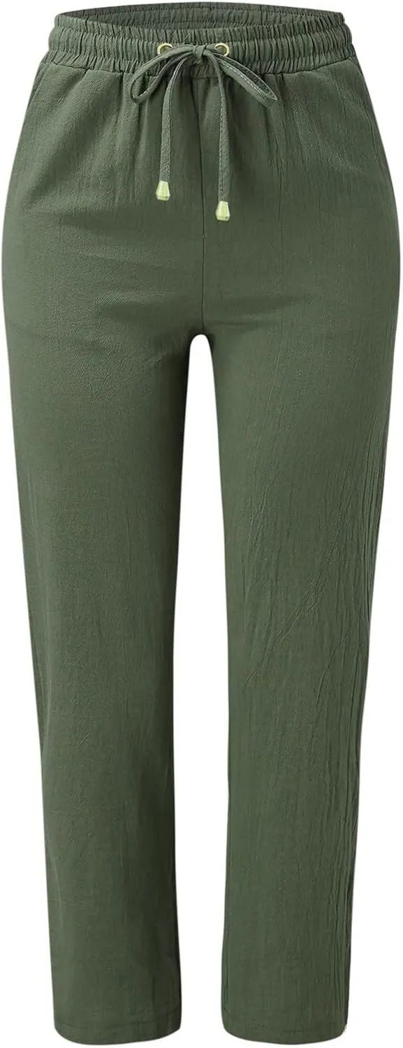 Women's Cotton Linen Pants Straight Leg Drawstring Elastic High Waist Loose Comfy Palazzo Trousers with Pockets
