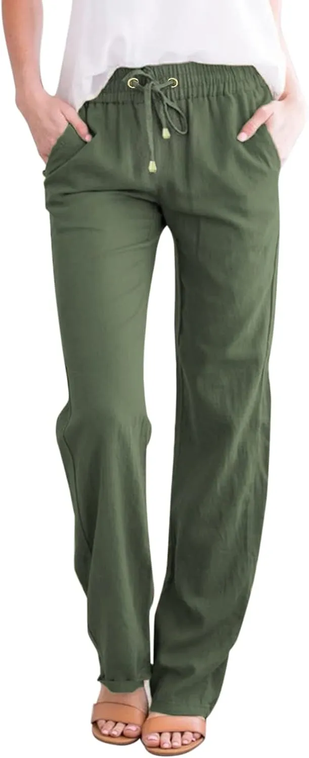 Women's Cotton Linen Pants Straight Leg Drawstring Elastic High Waist Loose Comfy Palazzo Trousers with Pockets