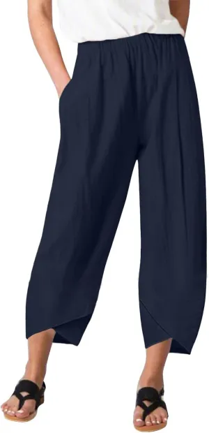 Women's Cotton Linen Summer Y2K Streetwear Palazzo Pants Elastic Waisted Bootcut Loose Fit Trouser Work Business