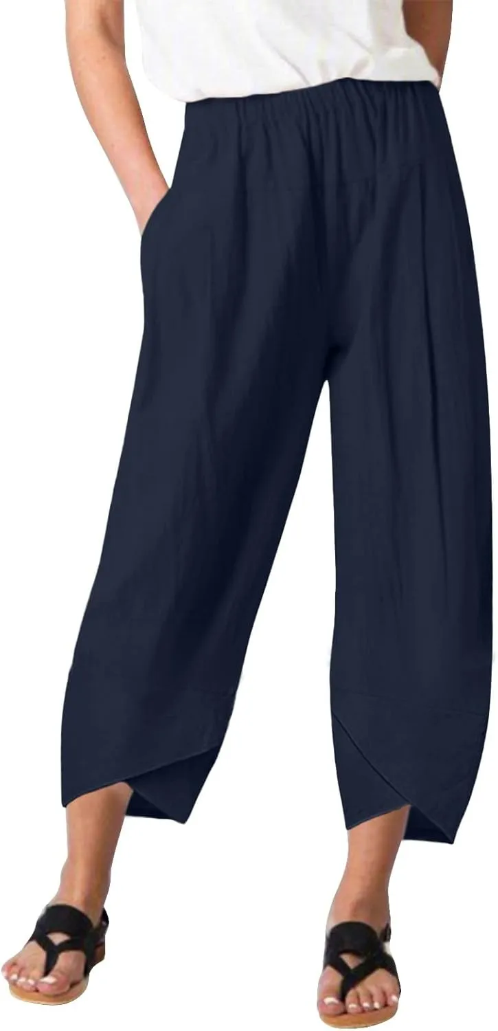Women's Cotton Linen Summer Y2K Streetwear Palazzo Pants Elastic Waisted Bootcut Loose Fit Trouser Work Business