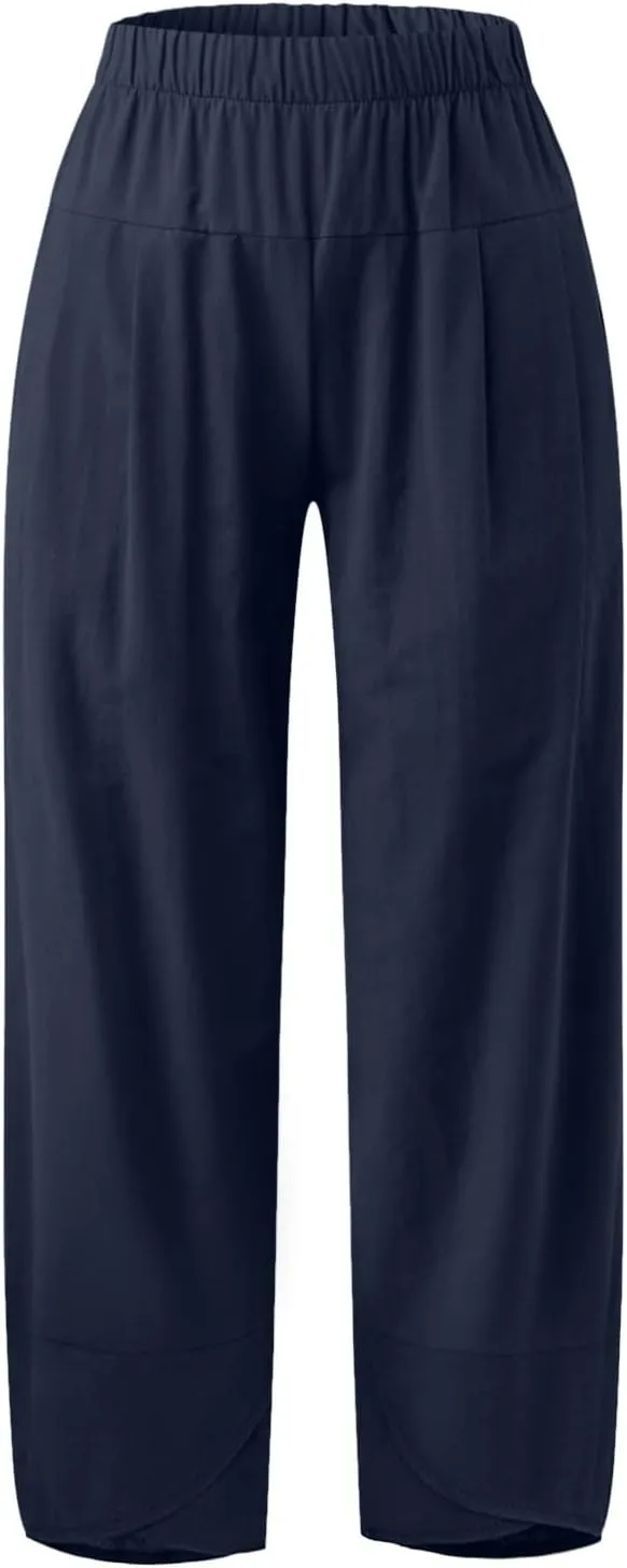 Women's Cotton Linen Summer Y2K Streetwear Palazzo Pants Elastic Waisted Bootcut Loose Fit Trouser Work Business