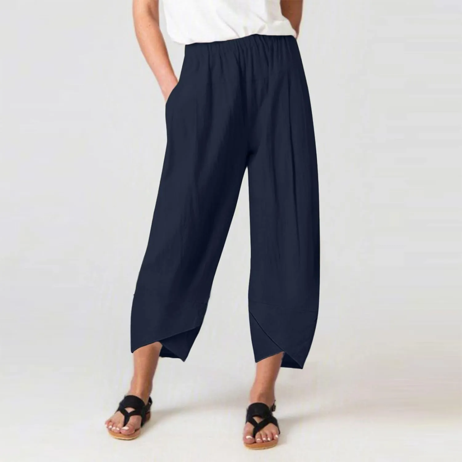 Women's Cotton Linen Summer Y2K Streetwear Palazzo Pants Elastic Waisted Bootcut Loose Fit Trouser Work Business