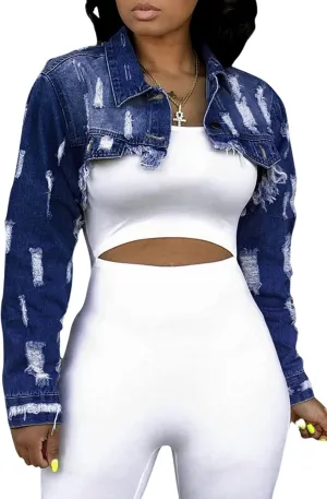 Women's Crop Top Jean Jacket Button Down Long Sleeve Cropped Denim Jacket Coat