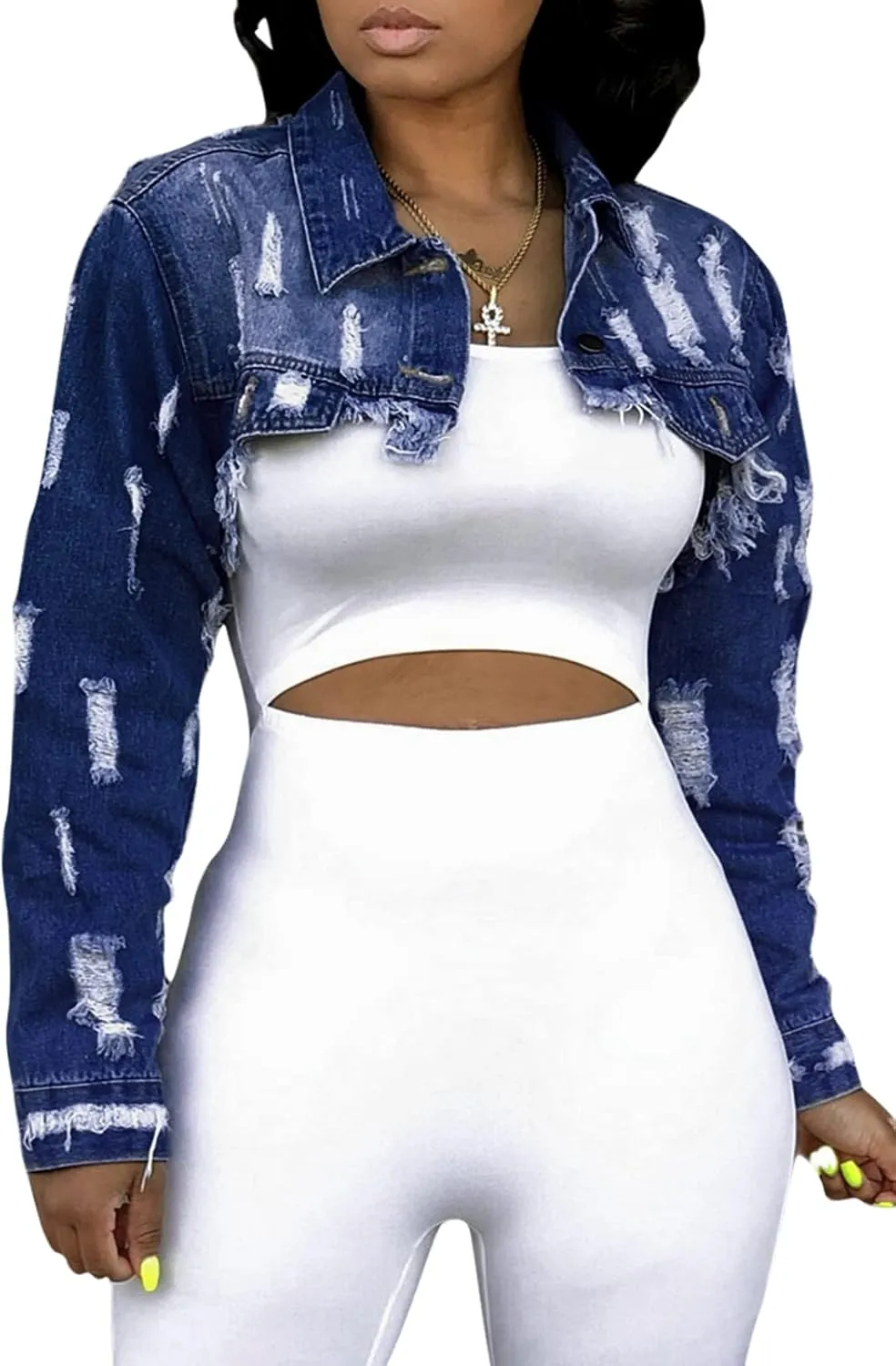Women's Crop Top Jean Jacket Button Down Long Sleeve Cropped Denim Jacket Coat