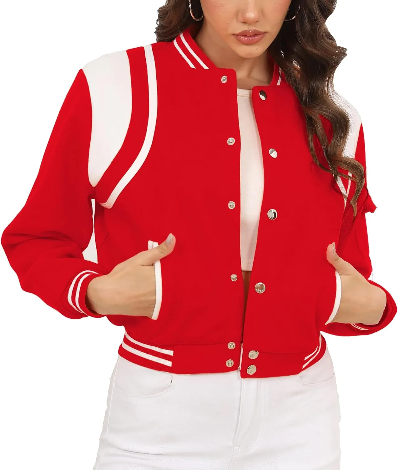 Womens Cropped Bomber Jacket Long Sleeve Button Down Baseball Varsity Fall Outerwear