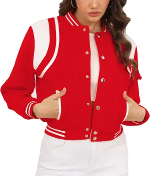 Womens Cropped Bomber Jacket Long Sleeve Button Down Baseball Varsity Fall Outerwear