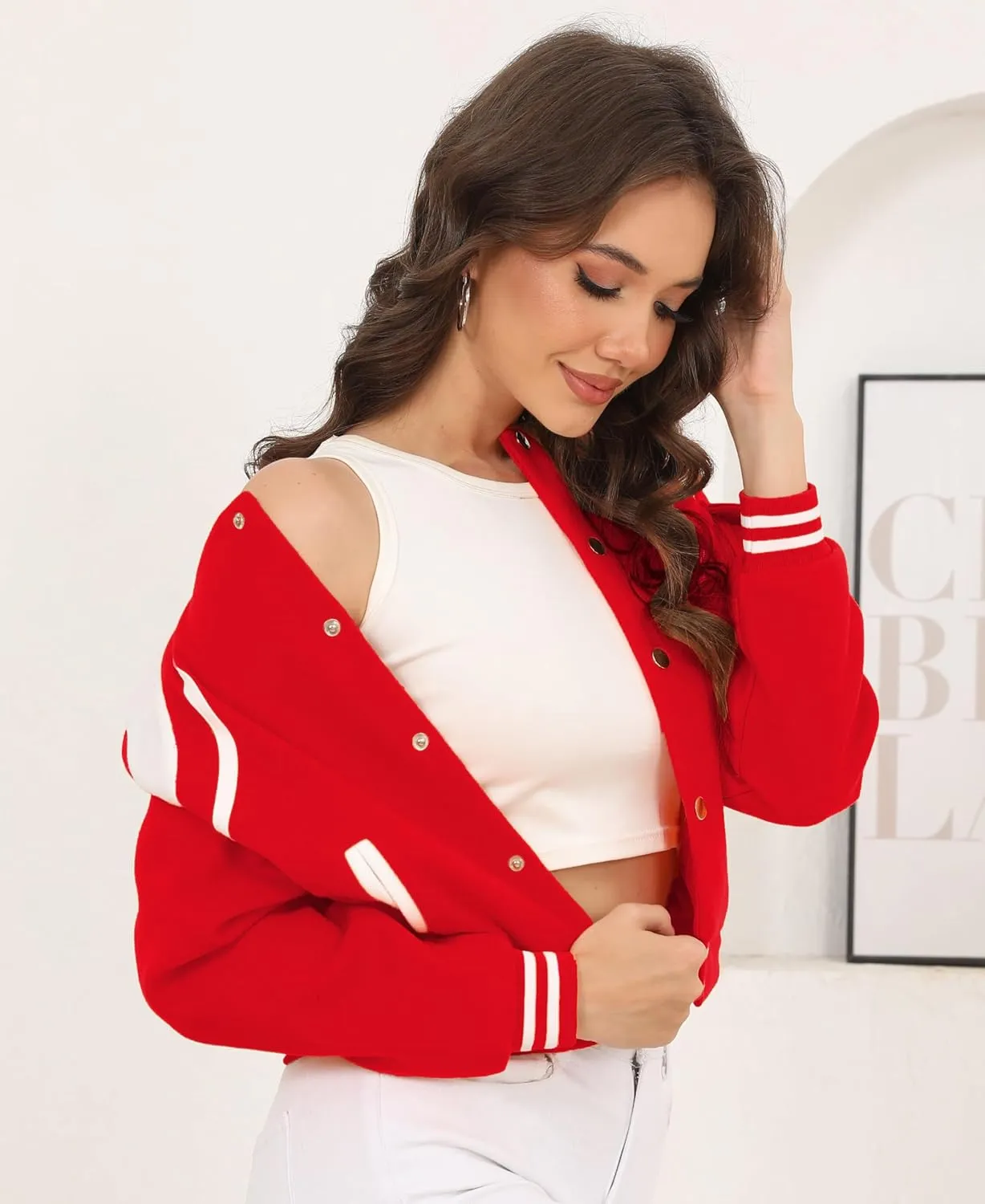 Womens Cropped Bomber Jacket Long Sleeve Button Down Baseball Varsity Fall Outerwear
