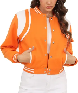 Womens Cropped Bomber Jacket Long Sleeve Button Down Baseball Varsity Fall Outerwear