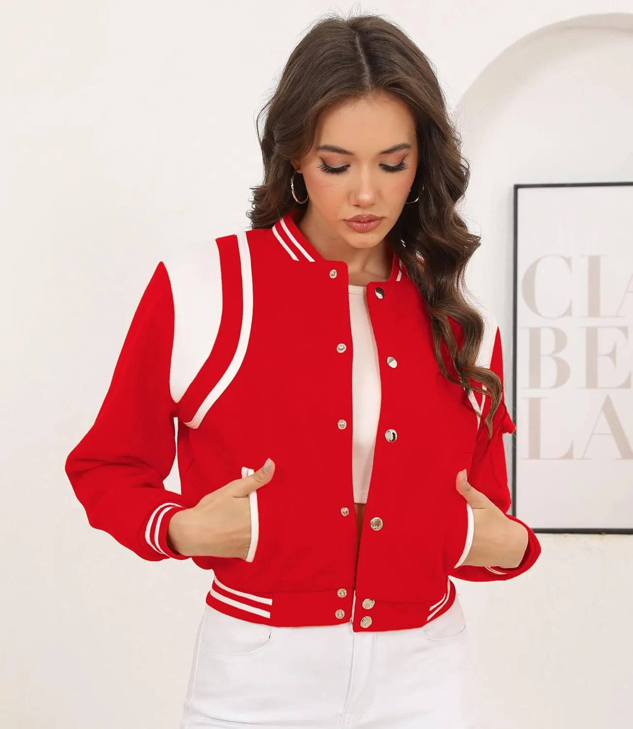Womens Cropped Bomber Jacket Long Sleeve Button Down Baseball Varsity Fall Outerwear