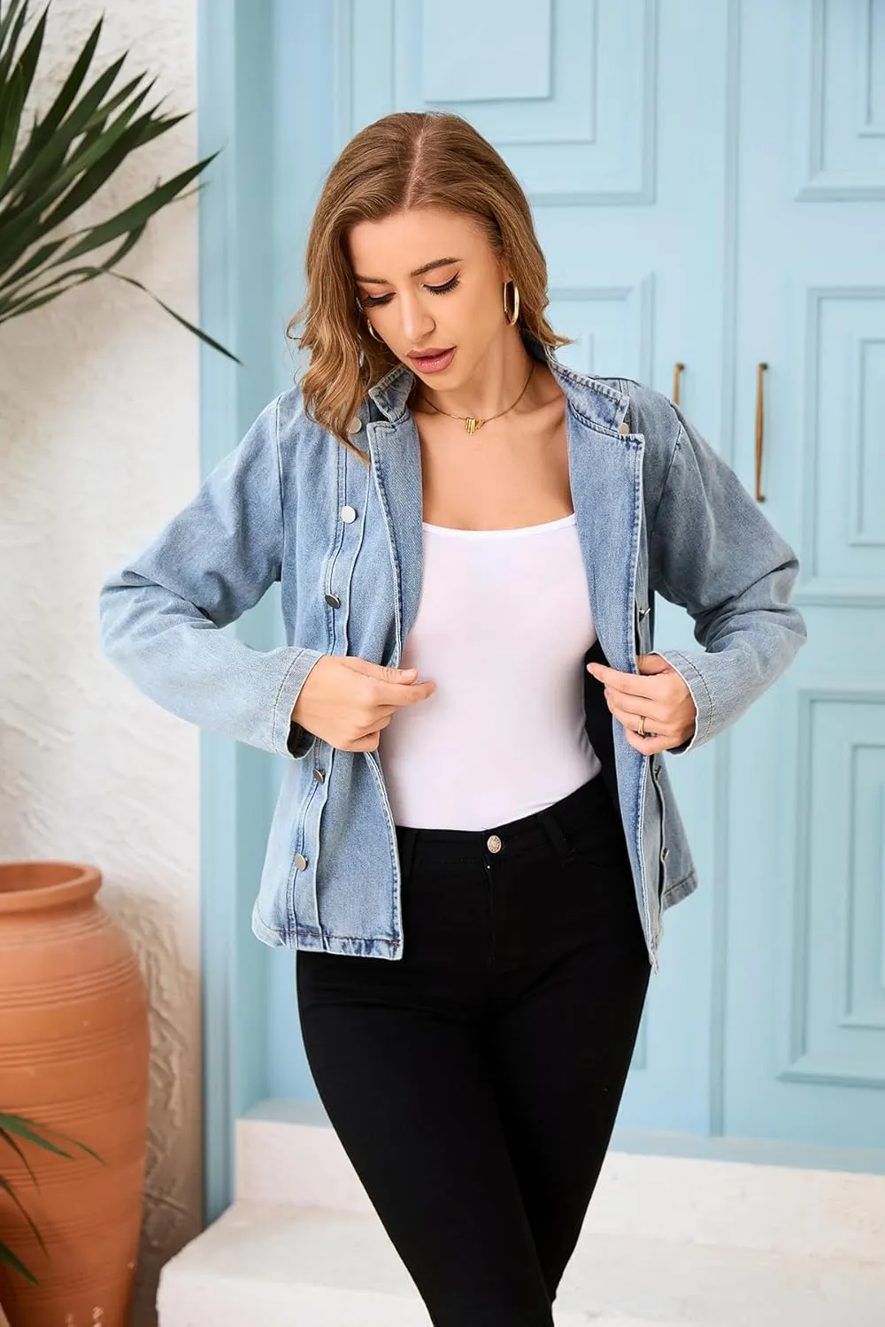 Womens Cropped Jean Jacket 2025 Trendy Lightweight Denim Jacket Slim Fit Button Open Front Tunic Shacket