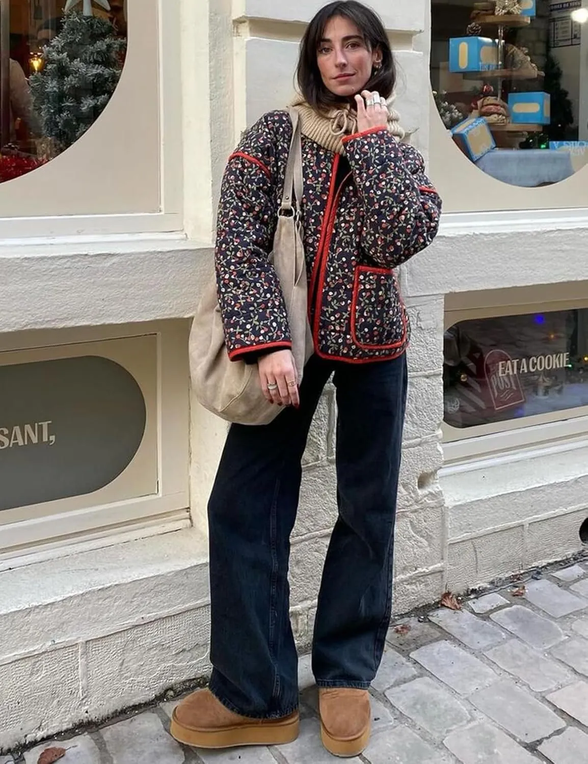 Women's Cropped Puffer Quilted Jacket Lightweight Long Sleeve Padded Floral Print Puffy Cardigan Outwear Coat