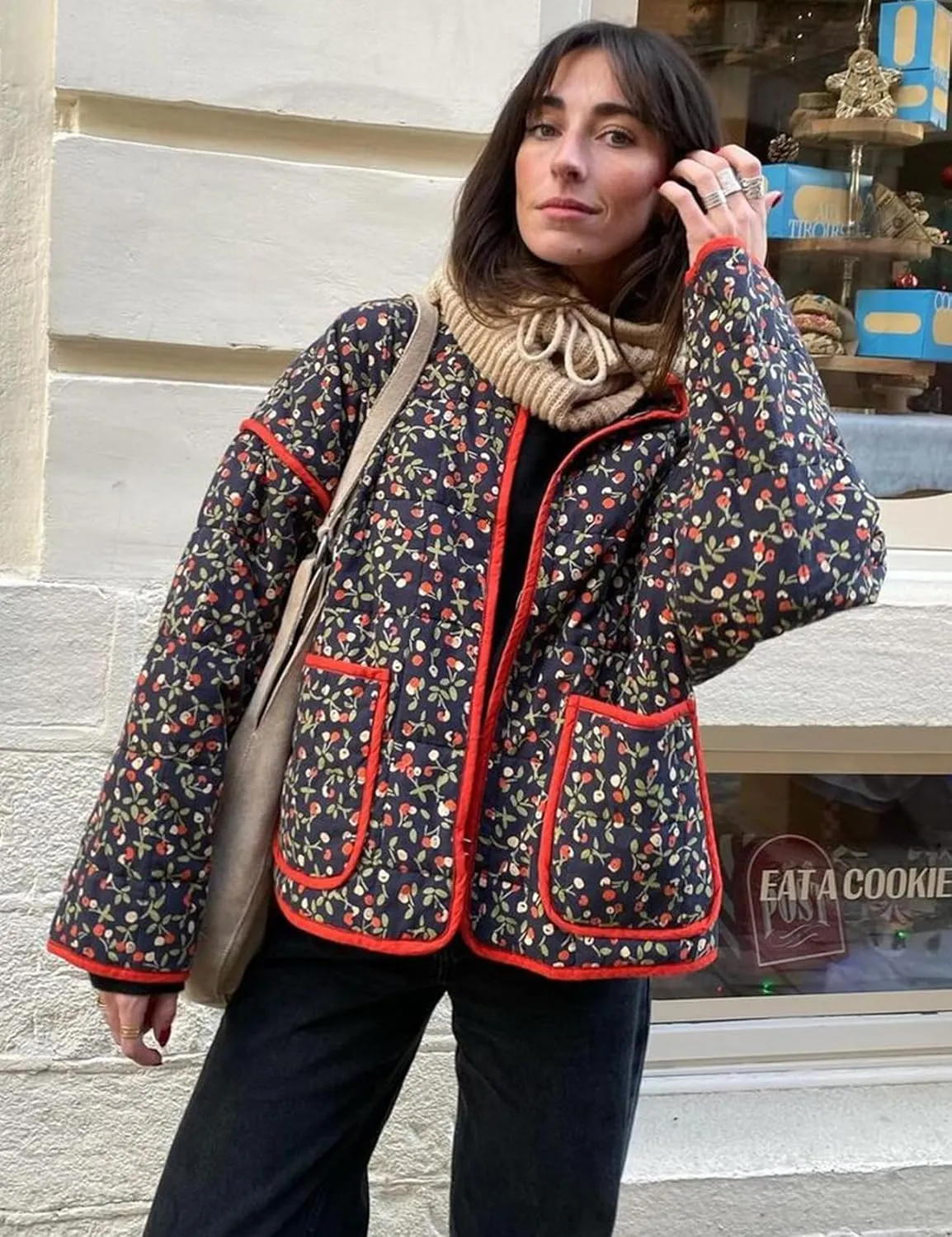 Women's Cropped Puffer Quilted Jacket Lightweight Long Sleeve Padded Floral Print Puffy Cardigan Outwear Coat