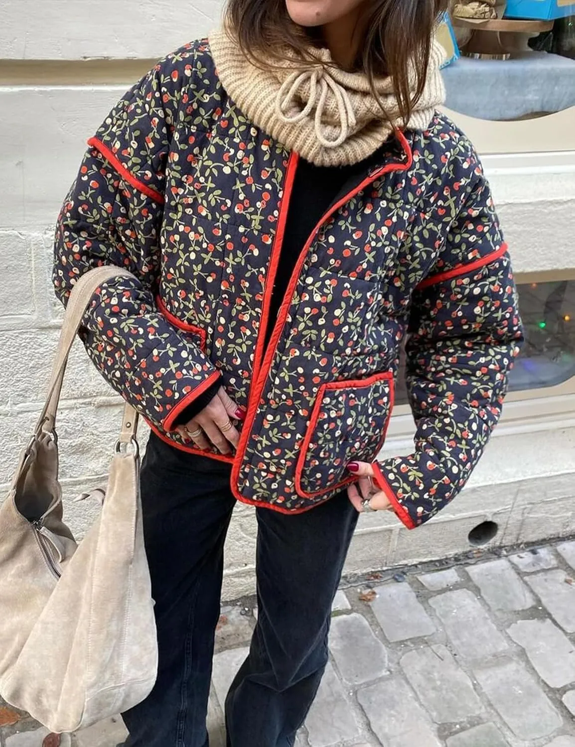 Women's Cropped Puffer Quilted Jacket Lightweight Long Sleeve Padded Floral Print Puffy Cardigan Outwear Coat