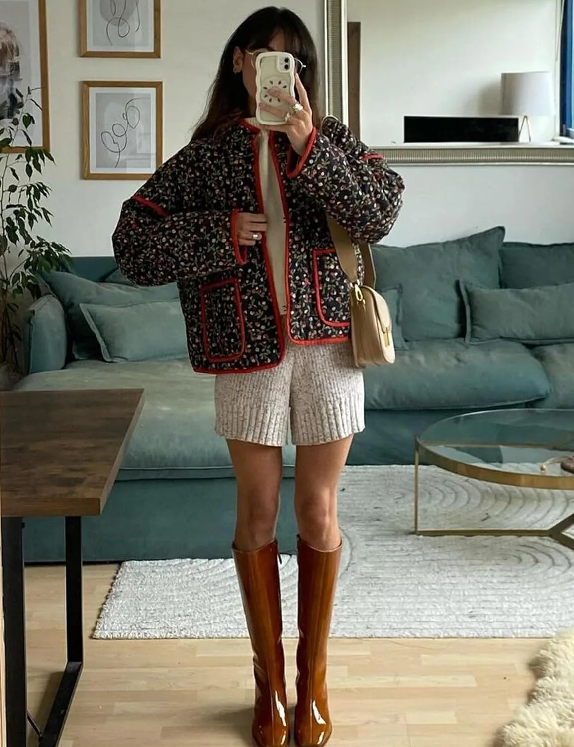 Women's Cropped Puffer Quilted Jacket Lightweight Long Sleeve Padded Floral Print Puffy Cardigan Outwear Coat
