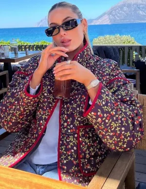 Women's Cropped Puffer Quilted Jacket Lightweight Long Sleeve Padded Floral Print Puffy Cardigan Outwear Coat