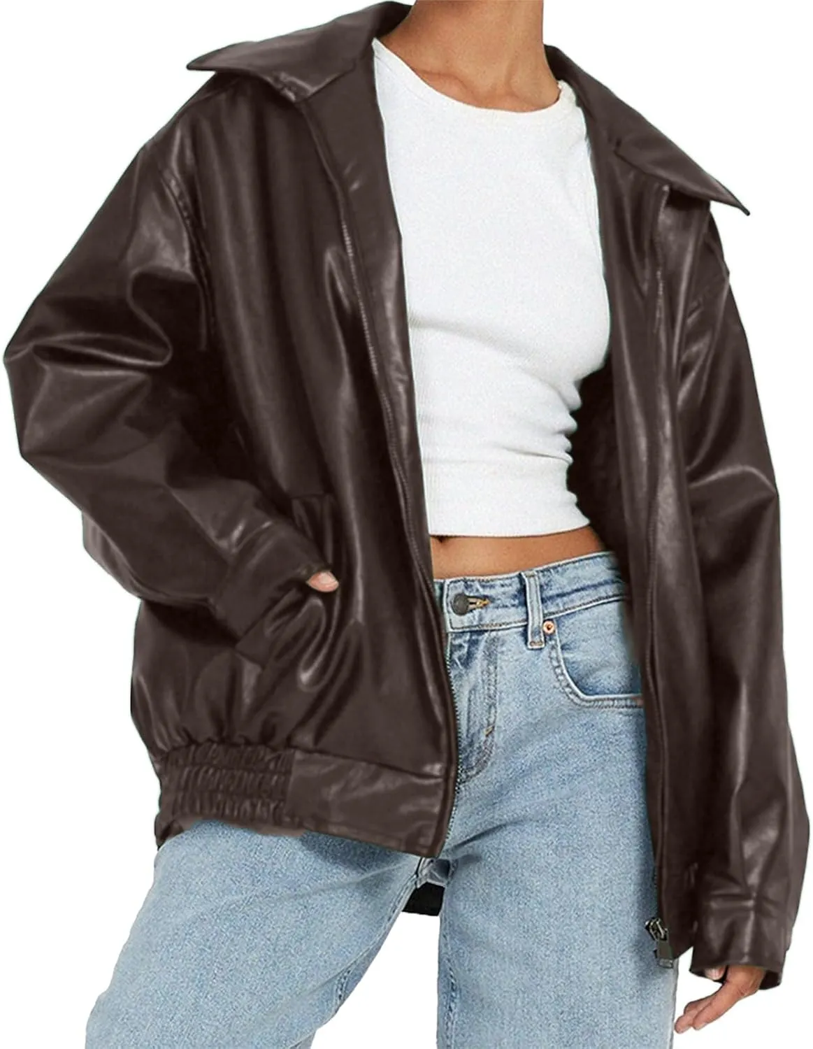 Womens Faux Leather Jackets Oversized Motorcycle Jacket Bomber Coats Fashion Outfits Spring Clothes