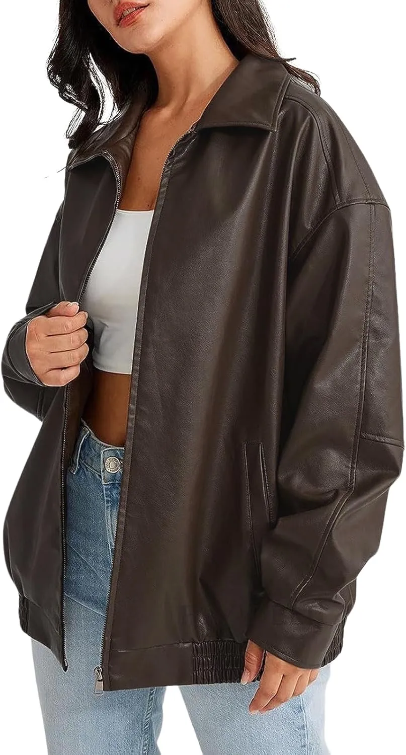 Womens Faux Leather Jackets Oversized Motorcycle Jacket Bomber Coats Fashion Outfits Spring Clothes
