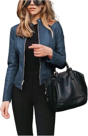 Womens Faux Leather Jackets Zip Up Cropped Motorcycle PU Moto Biker Outwear Coat 2024