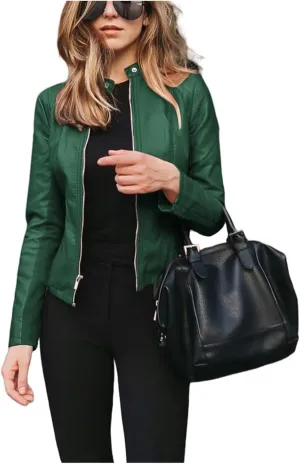 Womens Faux Leather Jackets Zip Up Cropped Motorcycle PU Moto Biker Outwear Coat 2024