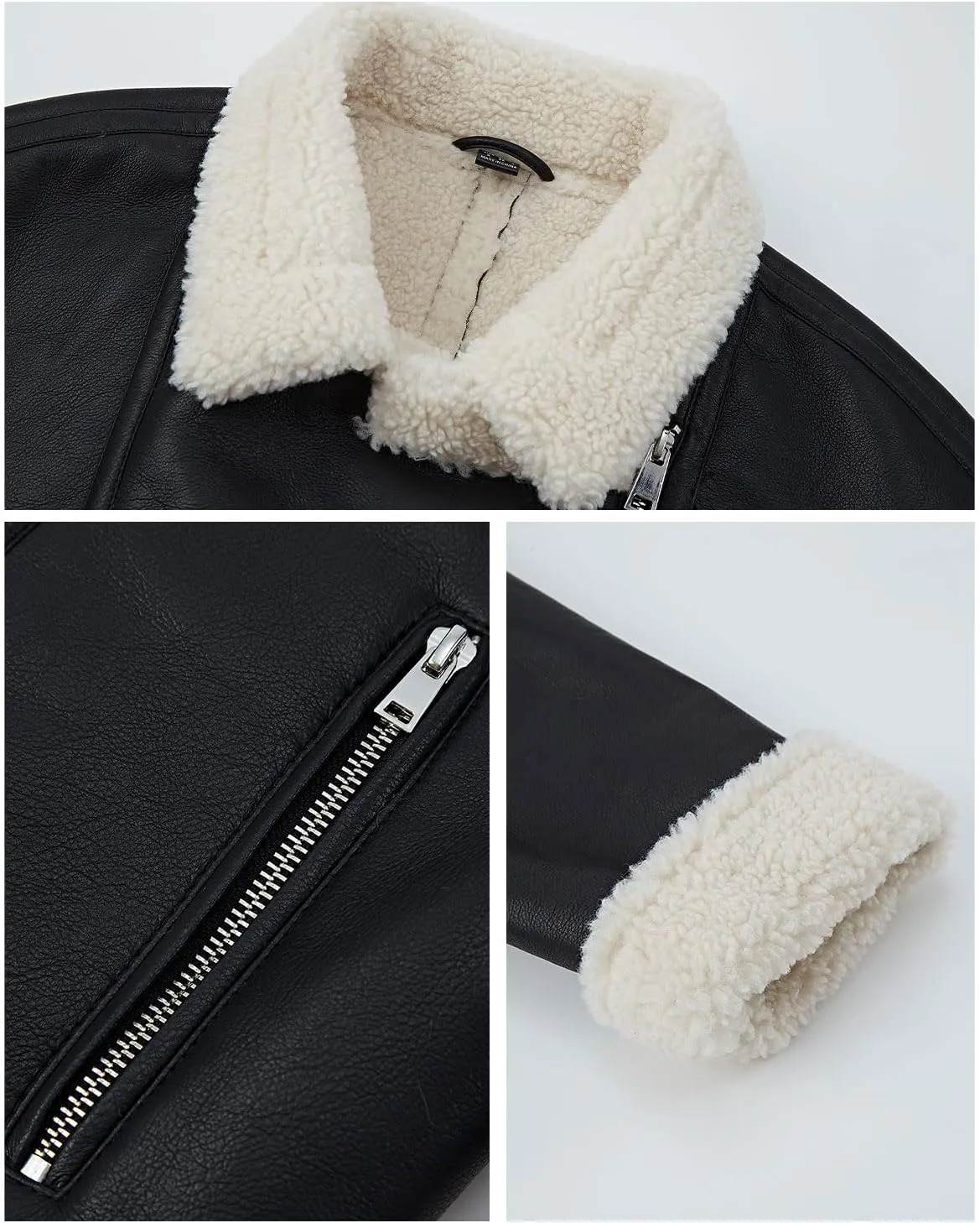 Women's Faux Shearing Moto Jacket Thick Fur Lined Coat Sherpa Leather Jacket