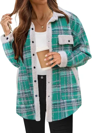 Womens Flannel Plaid Shirt Fuzzy Fleece Side Lined Jacket Oversized Long Sleeve Shackets Fall Winter Clothes