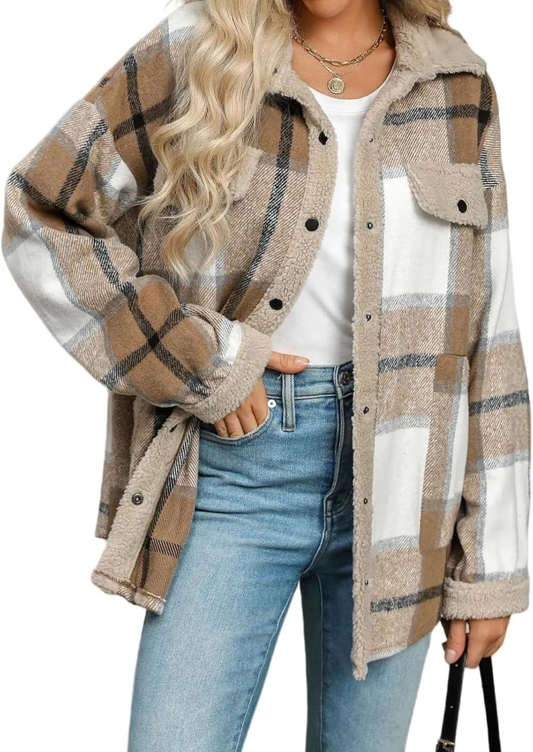 Womens Flannel Plaid Shirt Fuzzy Fleece Side Lined Jacket Oversized Long Sleeve Shackets Fall Winter Clothes