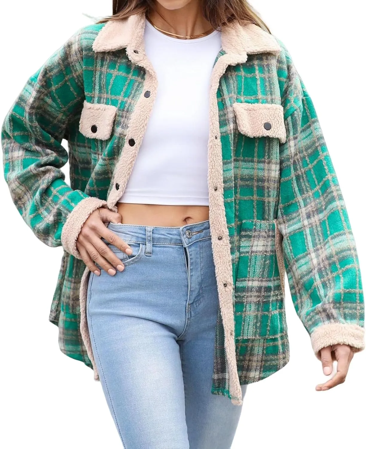 Womens Flannel Plaid Shirt Fuzzy Fleece Side Lined Jacket Oversized Long Sleeve Shackets Fall Winter Clothes