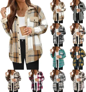 Womens Flannel Plaid Shirt Fuzzy Fleece Side Lined Jacket Oversized Long Sleeve Shackets Fall Winter Clothes