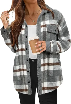 Womens Flannel Plaid Shirt Fuzzy Fleece Side Lined Jacket Oversized Long Sleeve Shackets Fall Winter Clothes