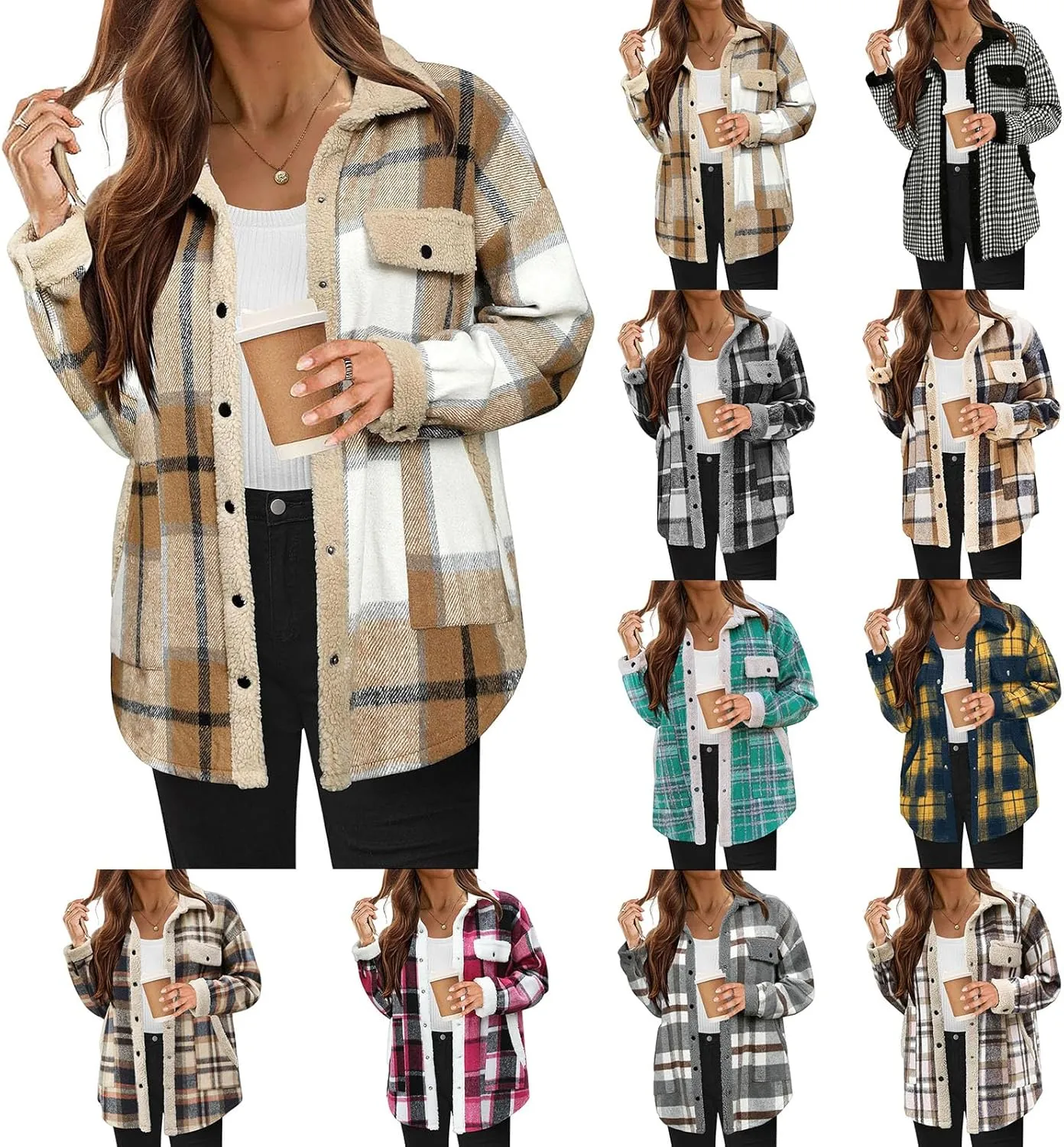Womens Flannel Plaid Shirt Fuzzy Fleece Side Lined Jacket Oversized Long Sleeve Shackets Fall Winter Clothes
