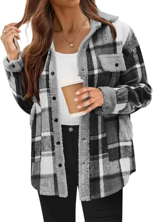 Womens Flannel Plaid Shirt Fuzzy Fleece Side Lined Jacket Oversized Long Sleeve Shackets Fall Winter Clothes