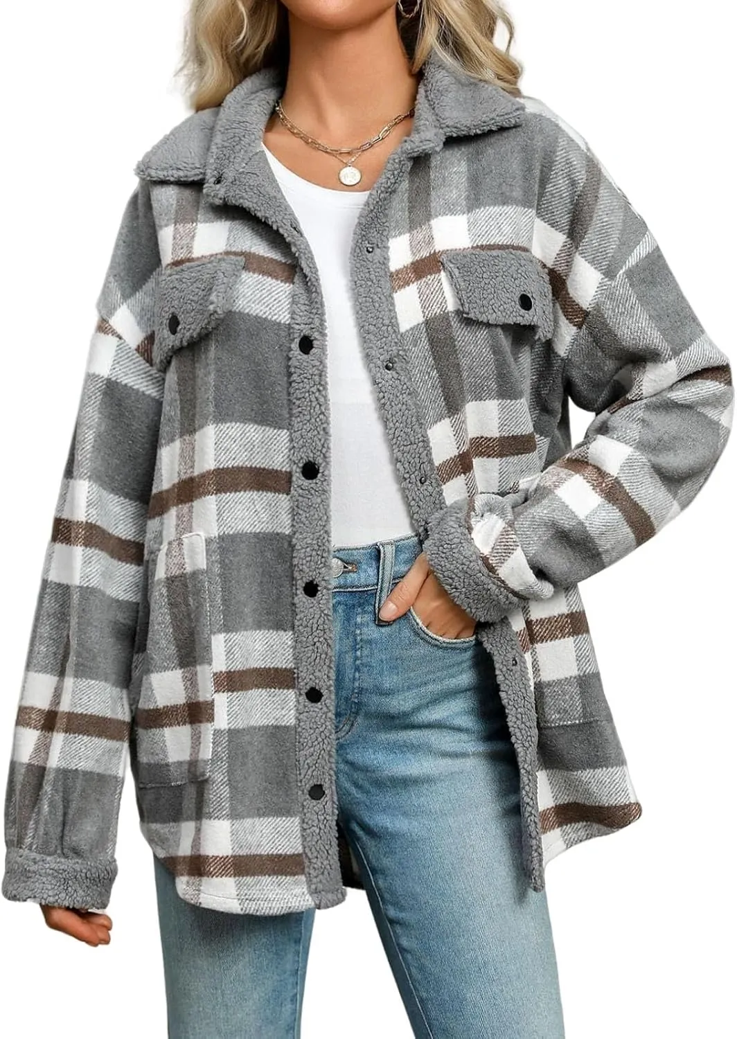 Womens Flannel Plaid Shirt Fuzzy Fleece Side Lined Jacket Oversized Long Sleeve Shackets Fall Winter Clothes