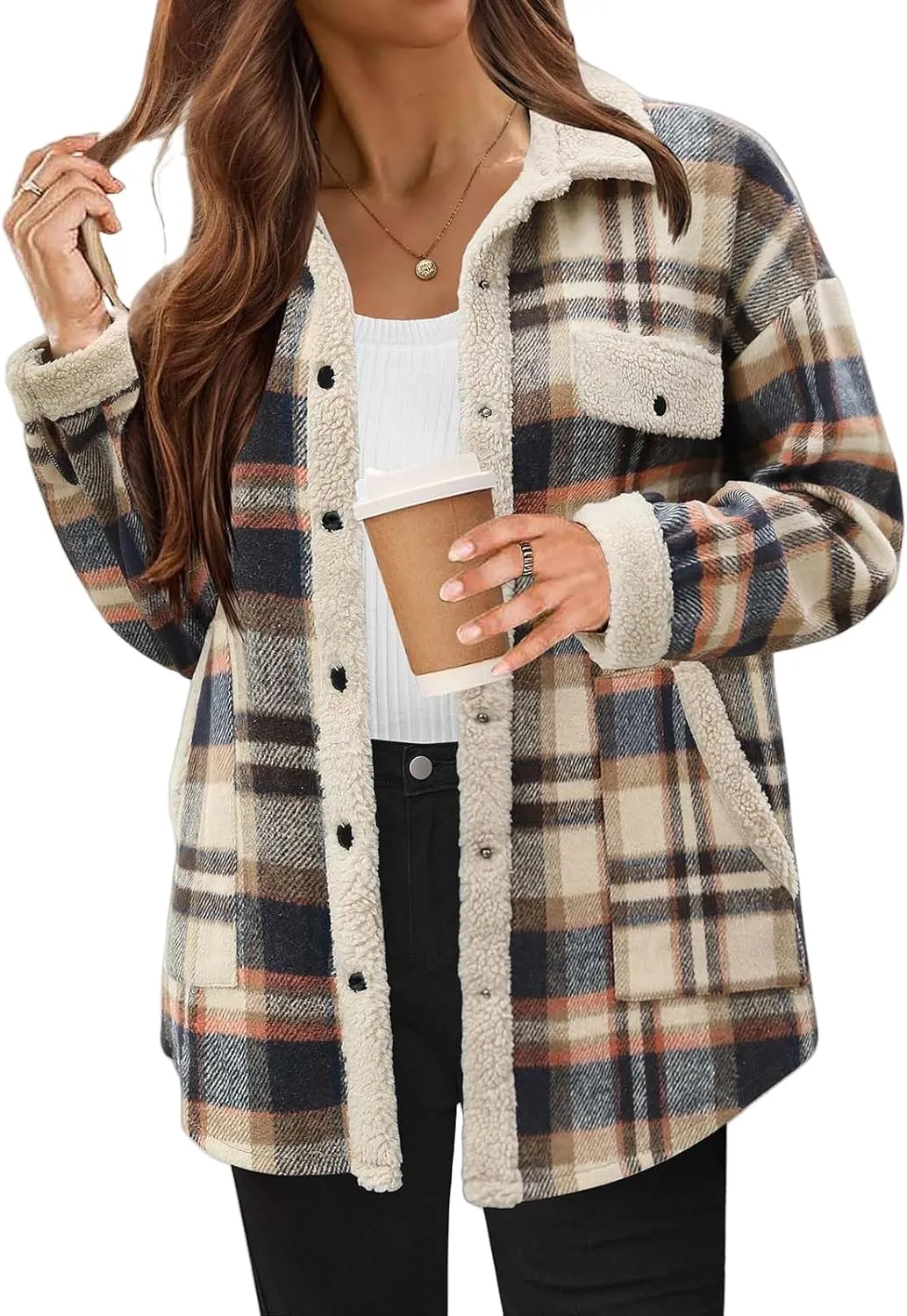 Womens Flannel Plaid Shirt Fuzzy Fleece Side Lined Jacket Oversized Long Sleeve Shackets Fall Winter Clothes