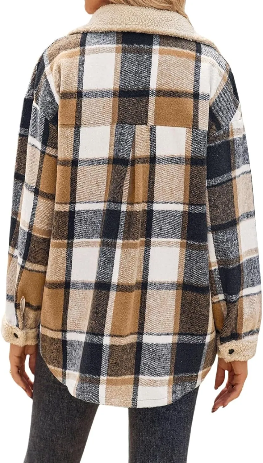 Womens Flannel Plaid Shirt Fuzzy Fleece Side Lined Jacket Oversized Long Sleeve Shackets Fall Winter Clothes