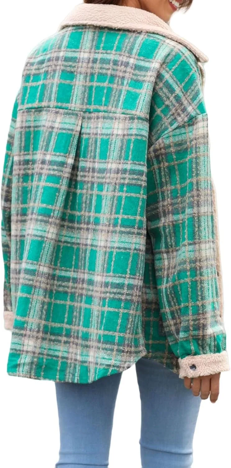 Womens Flannel Plaid Shirt Fuzzy Fleece Side Lined Jacket Oversized Long Sleeve Shackets Fall Winter Clothes