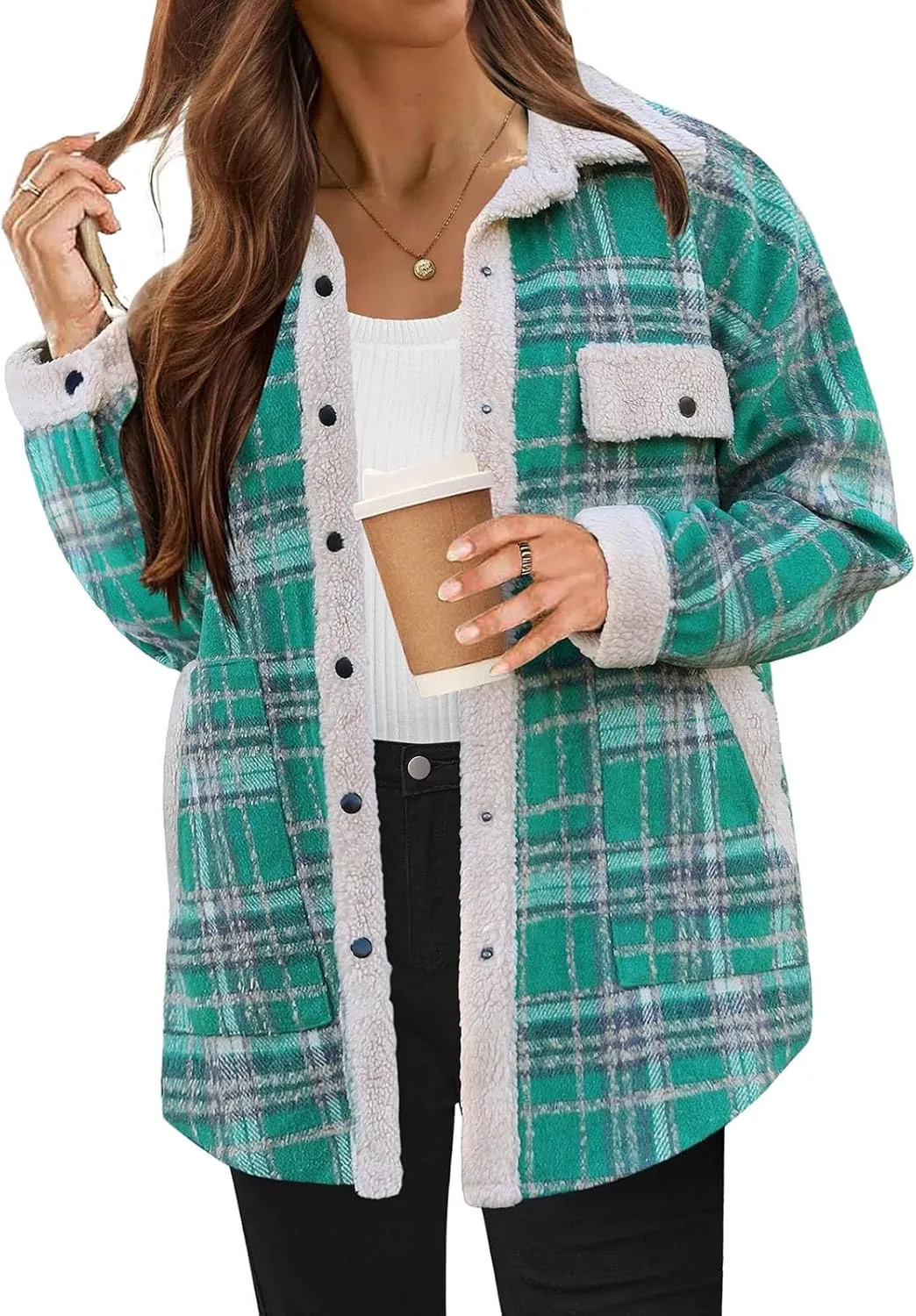 Womens Flannel Plaid Shirt Fuzzy Fleece Side Lined Jacket Oversized Long Sleeve Shackets Fall Winter Clothes