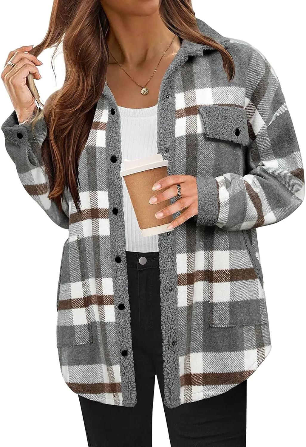 Womens Flannel Plaid Shirt Fuzzy Fleece Side Lined Jacket Oversized Long Sleeve Shackets Fall Winter Clothes