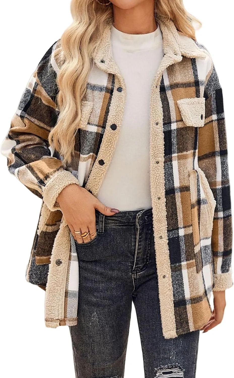 Womens Flannel Plaid Shirt Fuzzy Fleece Side Lined Jacket Oversized Long Sleeve Shackets Fall Winter Clothes