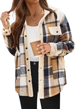 Womens Flannel Plaid Shirt Fuzzy Fleece Side Lined Jacket Oversized Long Sleeve Shackets Fall Winter Clothes