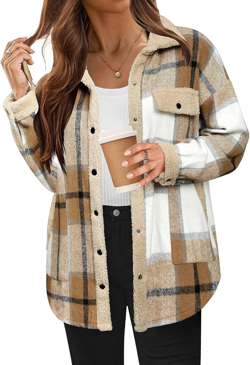 Womens Flannel Plaid Shirt Fuzzy Fleece Side Lined Jacket Oversized Long Sleeve Shackets Fall Winter Clothes