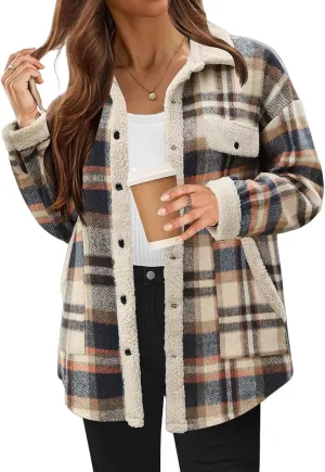 Womens Flannel Plaid Shirt Fuzzy Fleece Side Lined Jacket Oversized Long Sleeve Shackets Fall Winter Clothes