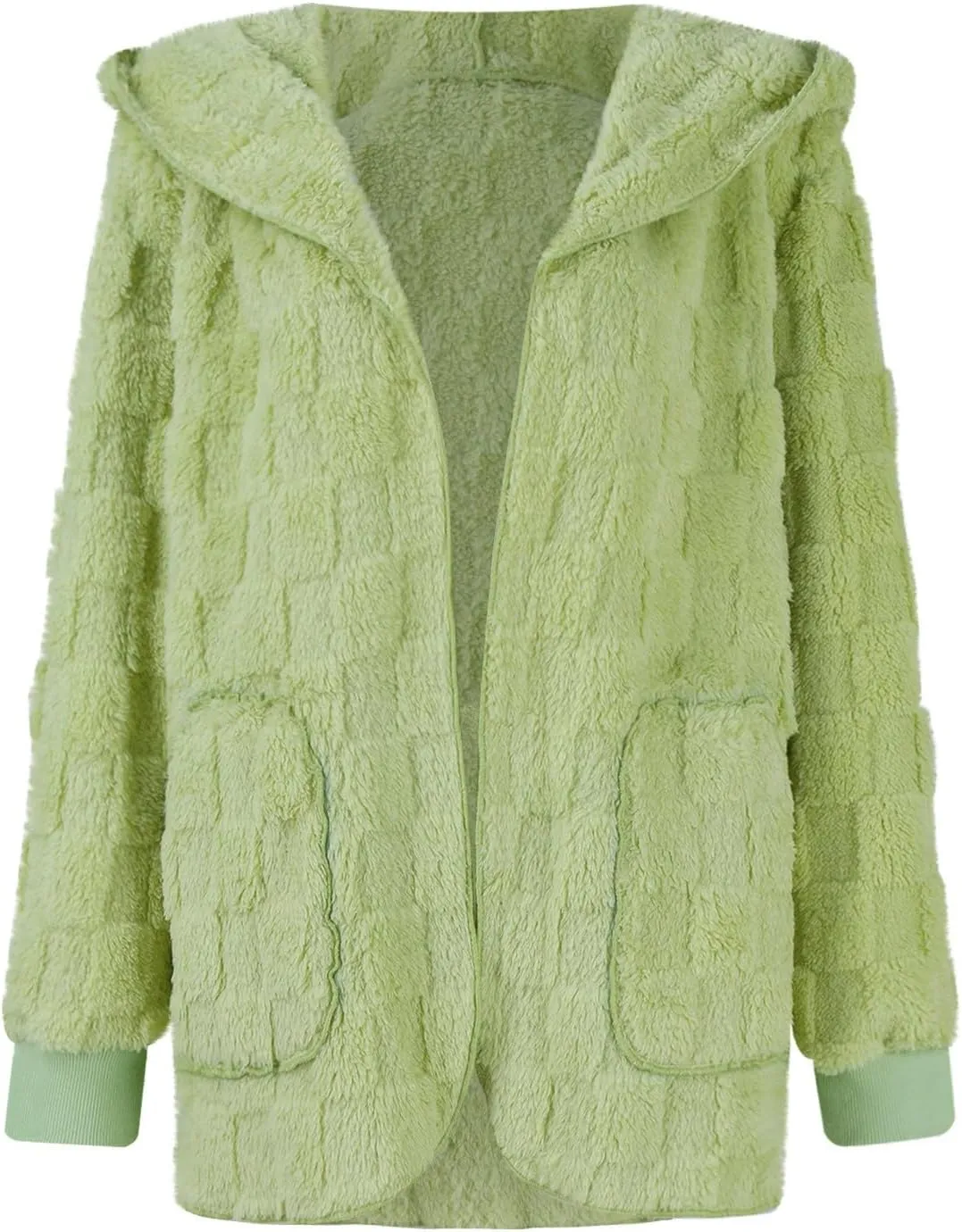 Womens Fleece Jacket Open Front Hooded Cardigan Warm Winter Coat Sherpa Fuzzy Teddy Jacket Outerwear with Pockets