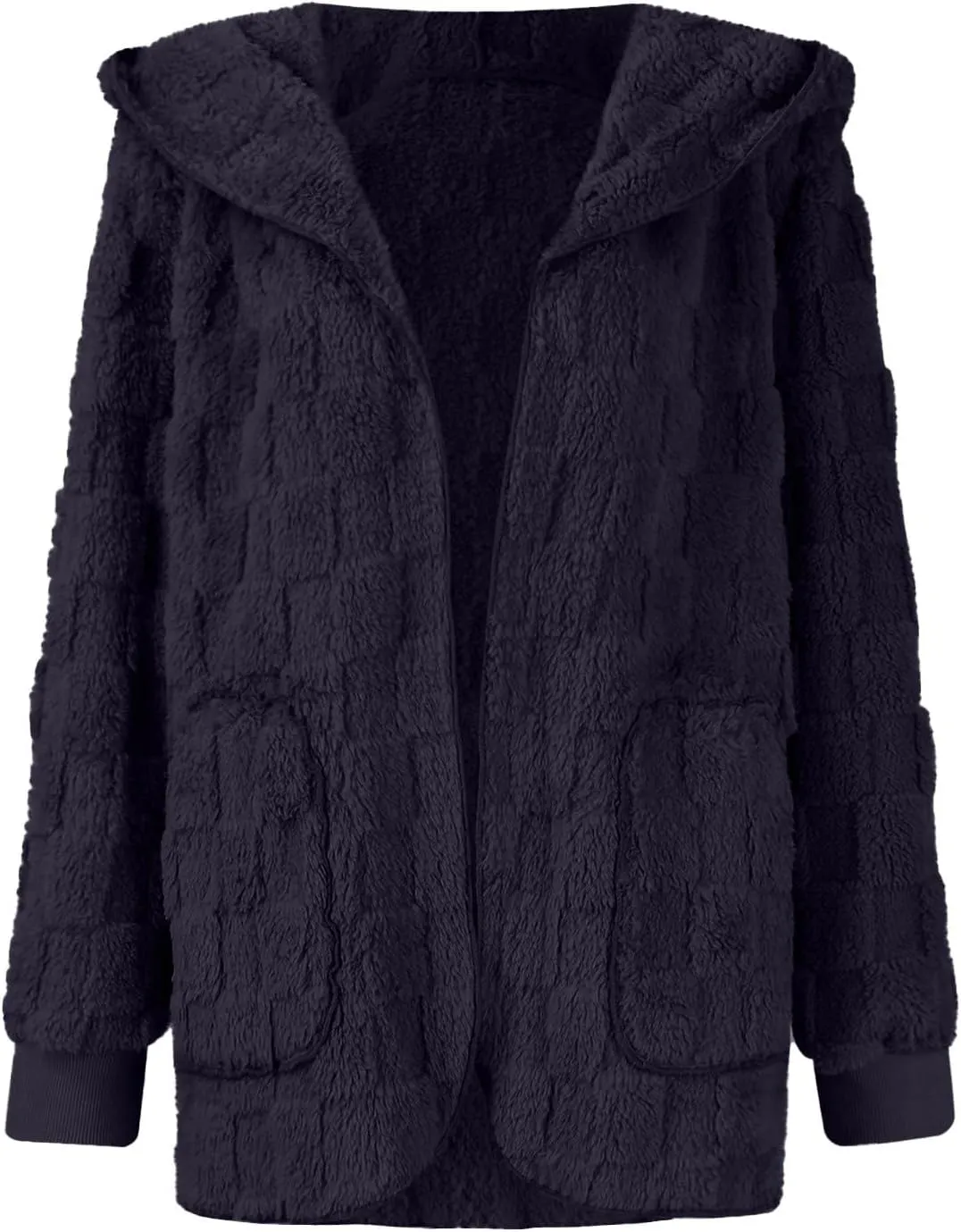 Womens Fleece Jacket Open Front Hooded Cardigan Warm Winter Coat Sherpa Fuzzy Teddy Jacket Outerwear with Pockets
