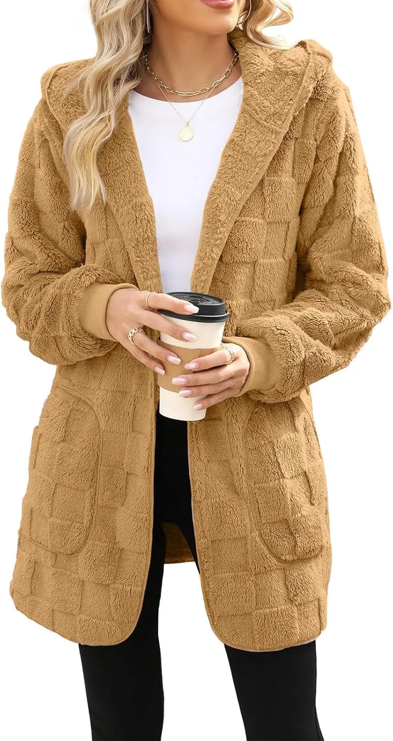 Womens Fleece Jacket Open Front Hooded Cardigan Warm Winter Coat Sherpa Fuzzy Teddy Jacket Outerwear with Pockets