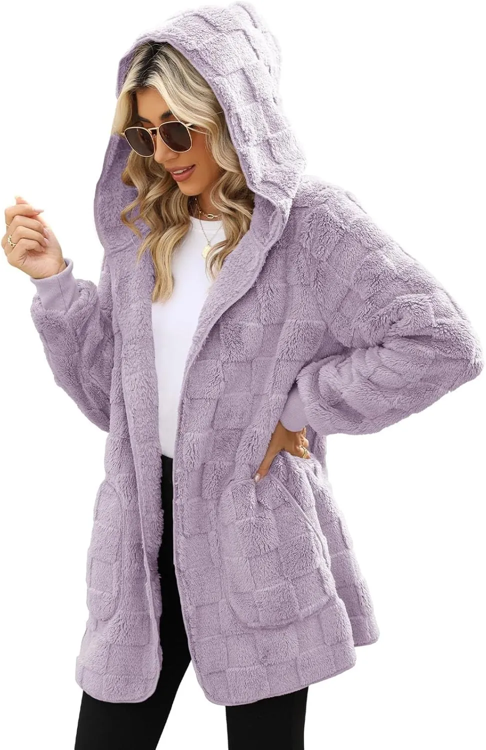Womens Fleece Jacket Open Front Hooded Cardigan Warm Winter Coat Sherpa Fuzzy Teddy Jacket Outerwear with Pockets